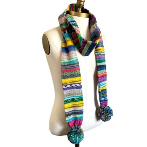 Handmade Rainbow Striped Scarf w/ 3" Pompoms - SUPER long & unique! - Picture 1 of 4